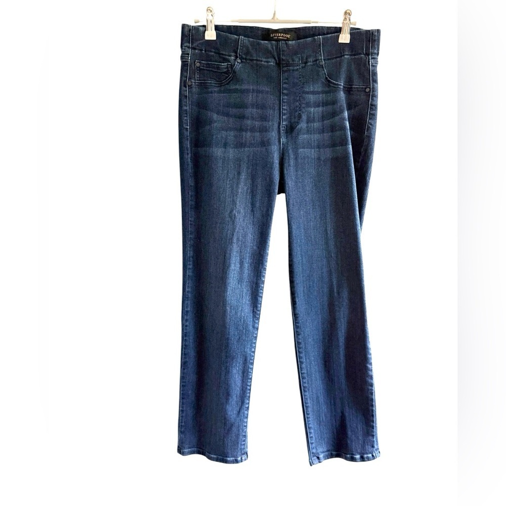 Liverpool Women's Blue denim Capri Jeans pull on wide elastic waist wiskering